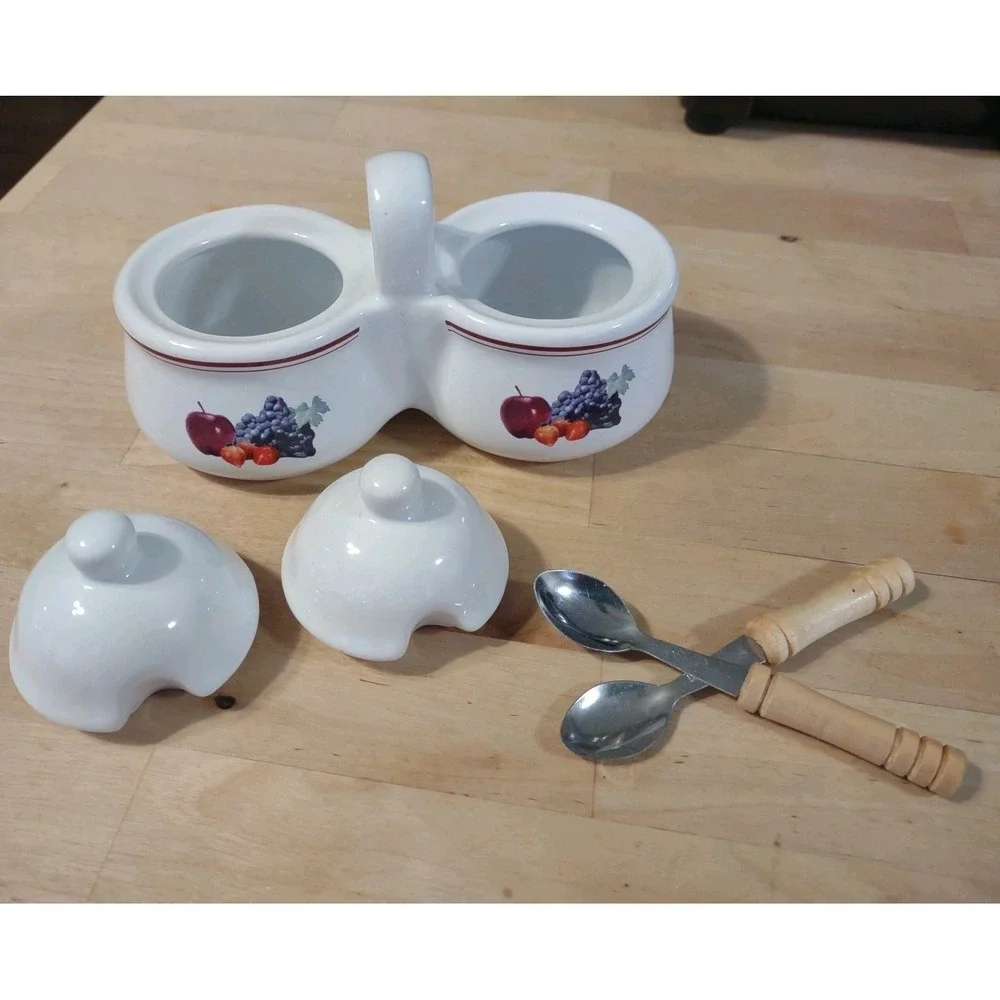 Houston Harvest Gift-Vintage Ceramic Jam/Jelly Server w/Handle, Lids and Spoons